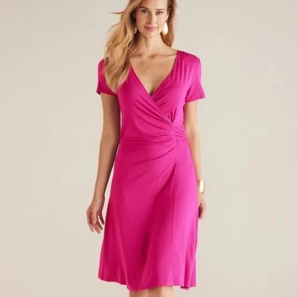 NWT Women's Soft Surroundings Giselle Dress Fiery Fuchsia Faux Wrap Size PM - Picture 1 of 8